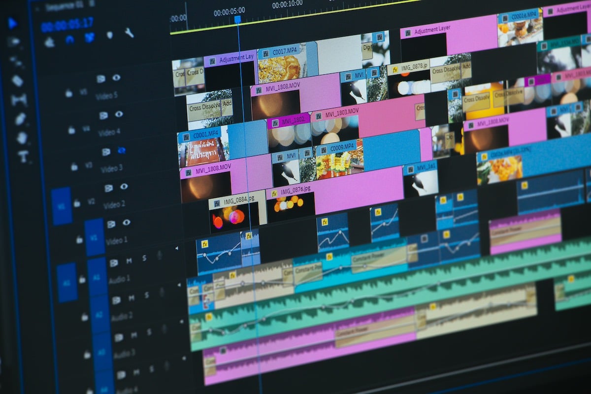 film post-production team working on film