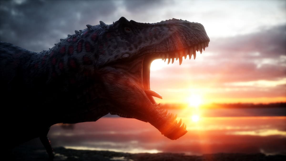 Scene of animated T Rex from Jurassic World