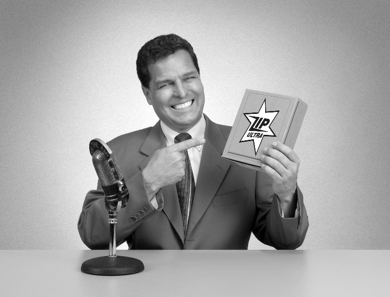 Man presenting product on retro tv commercial