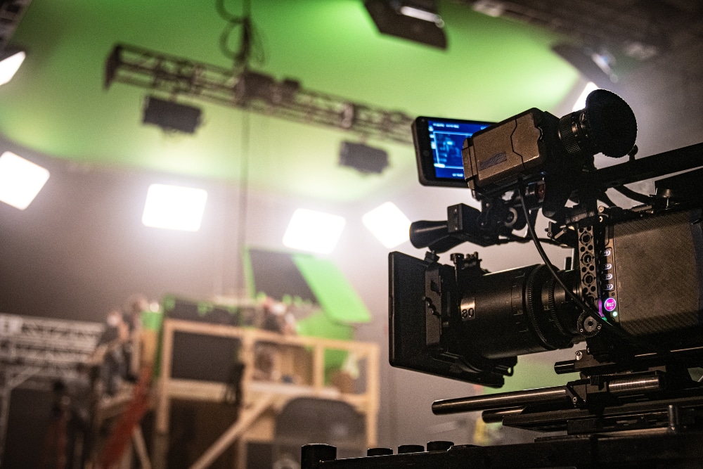 Production company studio with green screen