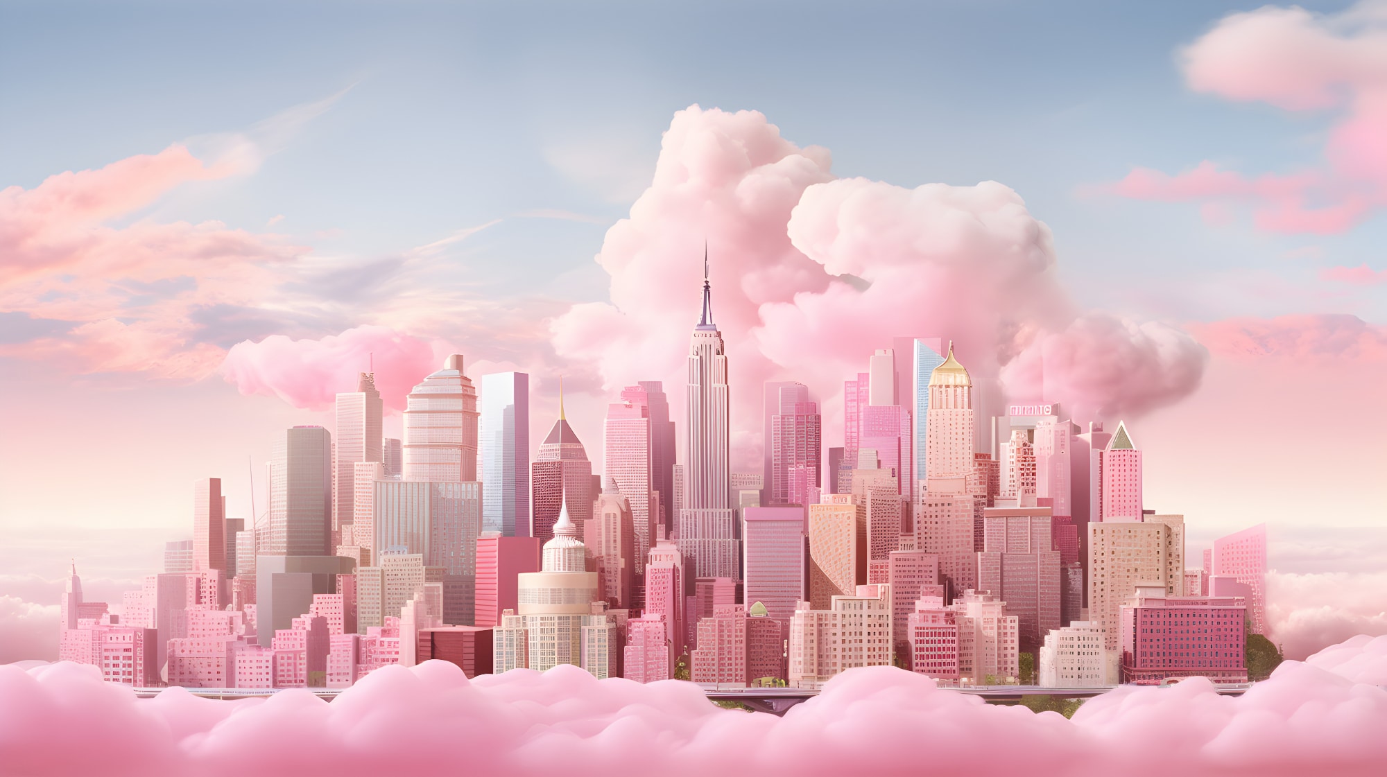 Pink city skyline floating in the clouds