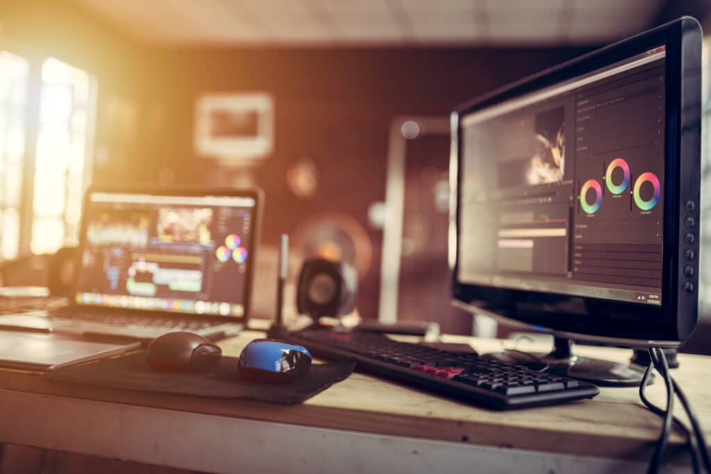 A computer monitor with a video being edited on the screen.