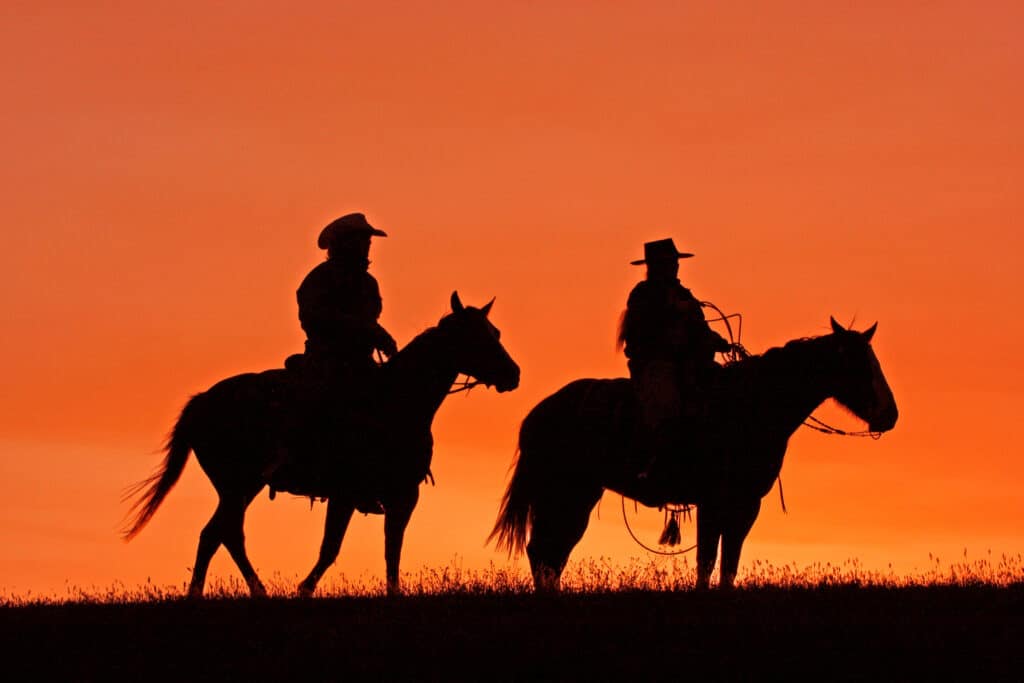 Cowboys on horseback at sunset.